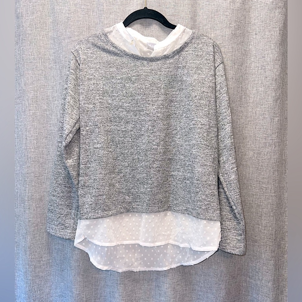 Gray Layered Knit Top with White Swiss Dot Hem